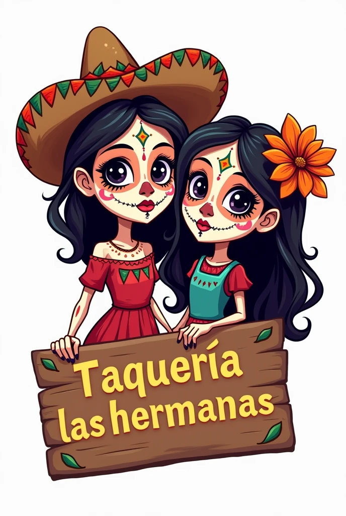Generates a cartoon-style logo with 2 girls with skull heads, one of the girls with a mariachi hat with a marigold flower, and a sign that says Taquería las hermanas, the background transparent, in the style of the Disney movie Coco