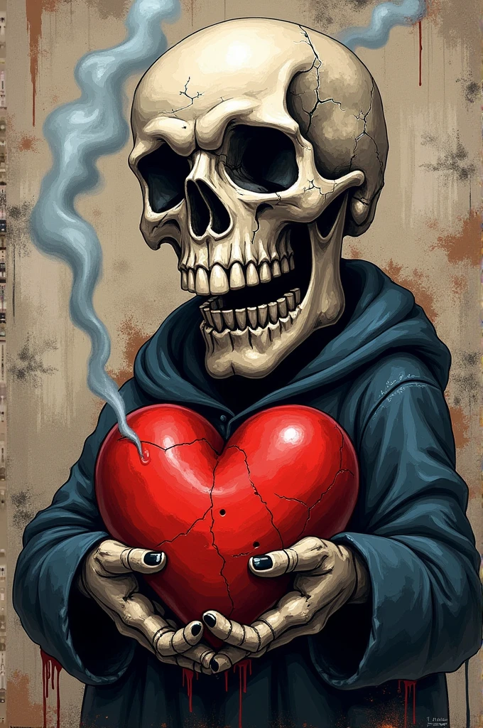 I want a graffiti character that looks like a skull with a heart in its hand