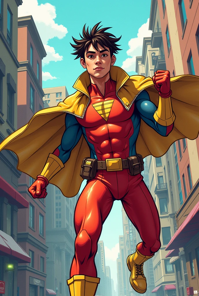 Generate a pop artist, His hero identity is public, is young, bold, immature, funny, His motivation for being a hero is the equality of peace that everyone should have no matter what., He doesn't kill people and his skills are air manipulation and hand-to-hand combat. Let the drawing style you generate be similar to the 2D animation of INVINCIBLE.