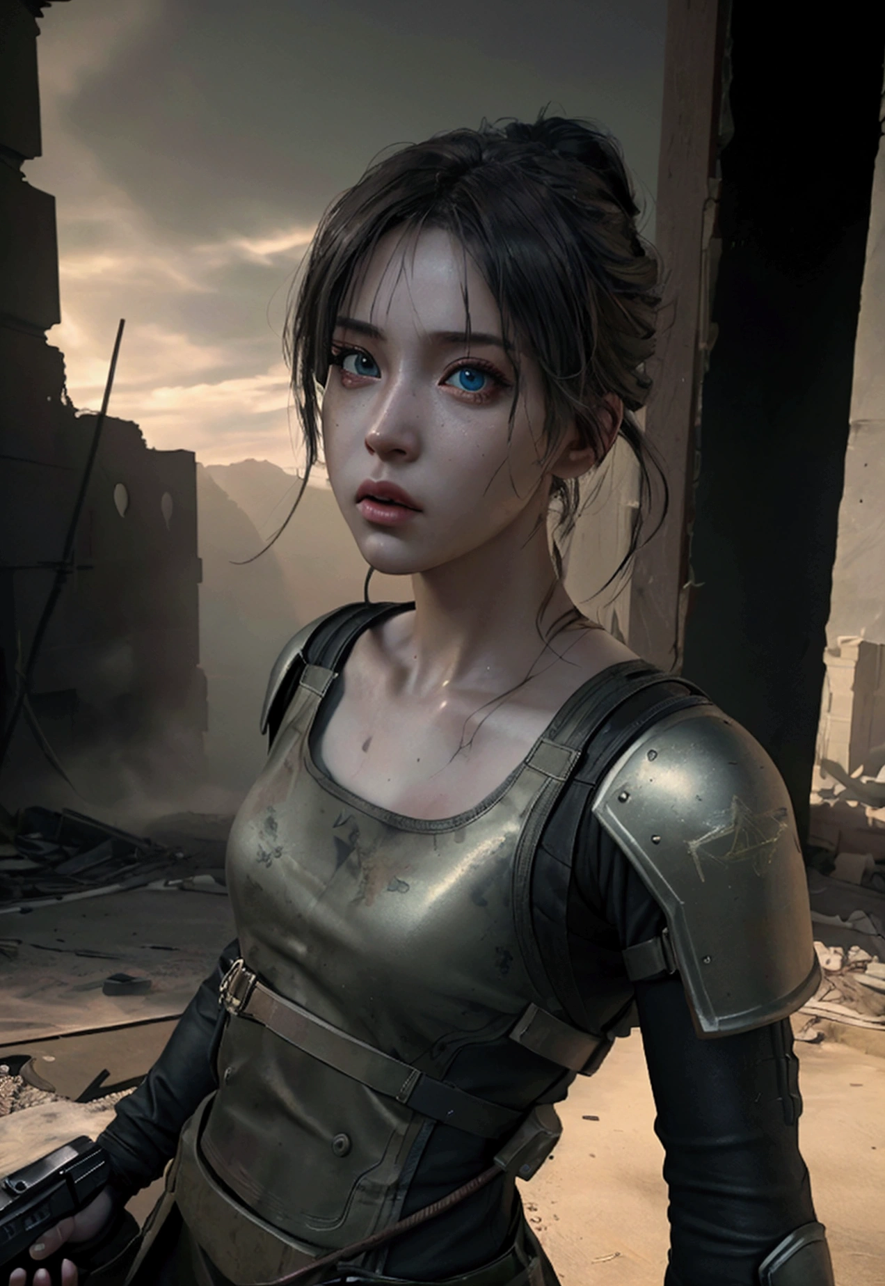 a woman warrior fighting in a ruined city, wearing combat uniform, holding a gun, (best quality,4k,8k,highres,masterpiece:1.2),ultra-detailed,(realistic,photorealistic,photo-realistic:1.37),HDR,UHD,studio lighting,ultra-fine painting,sharp focus,physically-based rendering,extreme detail description,professional,vivid colors,bokeh,highly detailed face,beautiful detailed eyes,beautiful detailed lips,extremely detailed eyes and face,longeyelashes,1girl,war,post-apocalyptic,dystopian,gritty,dramatic lighting,cinematic,muted colors,moody,intense,powerful