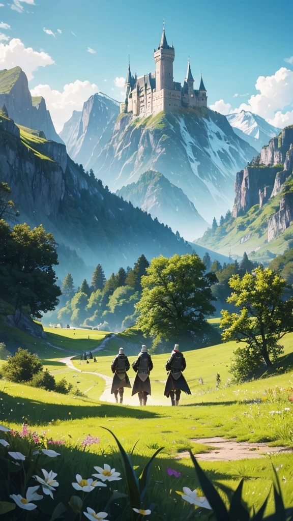 Knights walking across a meadow to a castle with mountains on the right. 