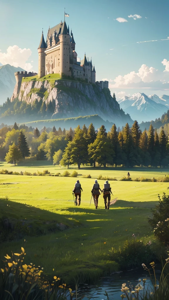 Knights walking across a meadow to a castle with mountains on the right. 