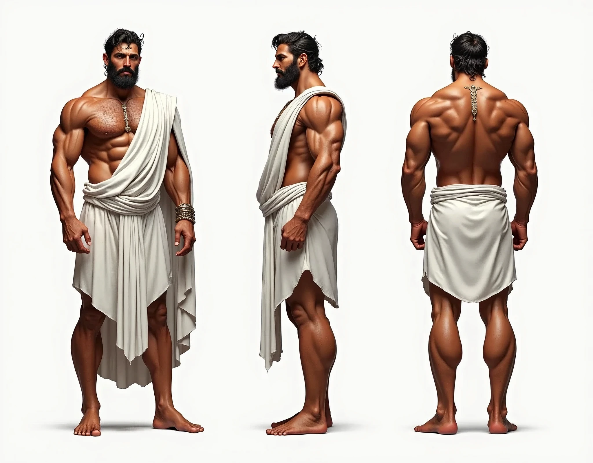(masterpiece), ultra detailed, 3 views, character view (Front view, side view , back view), (detailed character sheet) , reference sketch of a god, God of Greek mythology, His physical appearance is often portrayed as having a strong and muscular build., Wearing traditional Greek white clothing, like a loose tunic or chiton, Ultra-realistic, crisp, intricate details, intricate details, and style, Simple background illustration.