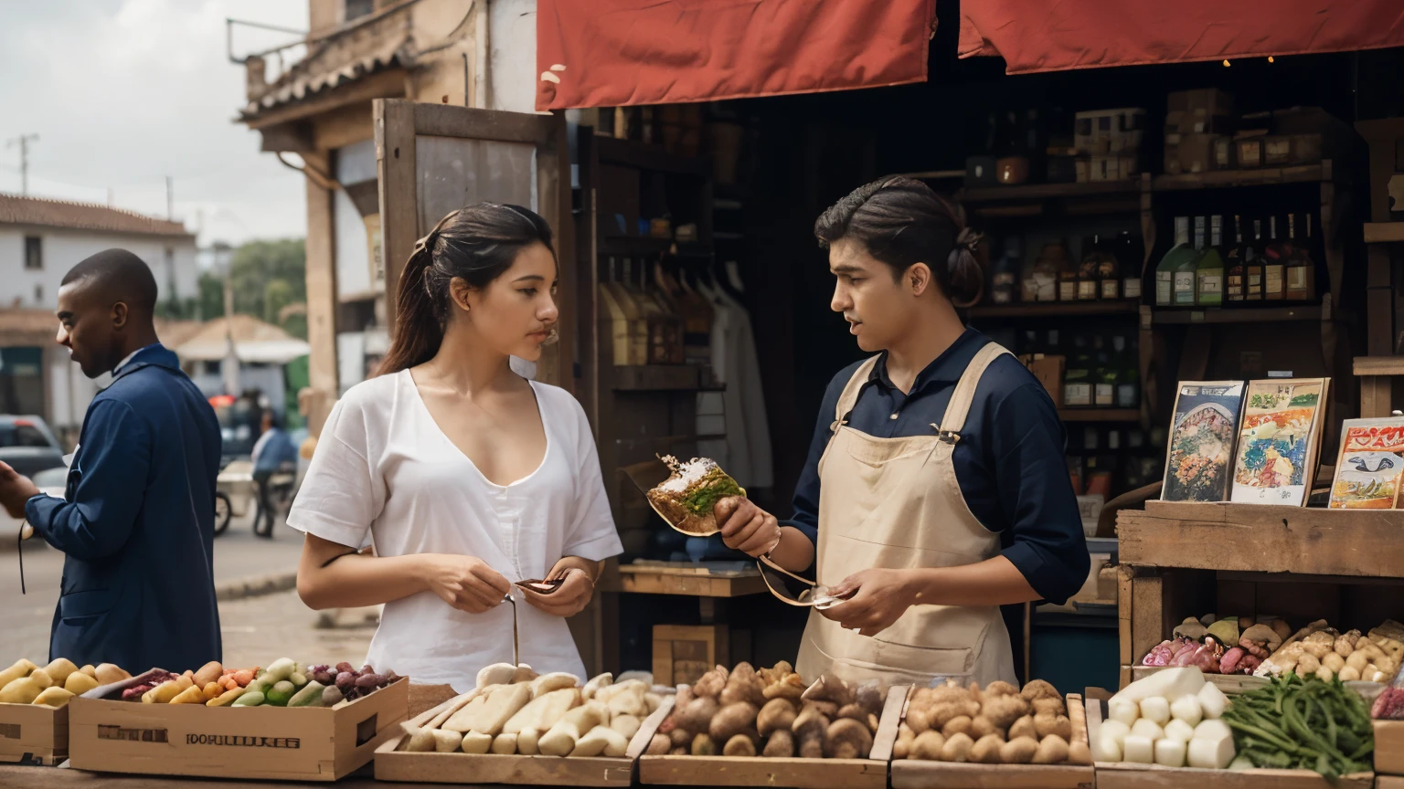 A scene showing [Chinese merchants trading] featuring featuringerciantes europeus, Middle Eastern and African, featuring (((produtos featuringo pólvora e bússolas))) for sale. The scene should include a busy port and a (((multicultural city))), symbolizing the transfer of technology.