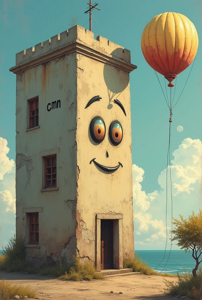 Create a building. this building has eyes (as a person). Tem Written abaixo dos olhos dele a palavra "cmn". Next to the building, there is a balloon with text inside, Written (exactly and without translation) the following sentence : "I determine the inflation target".
