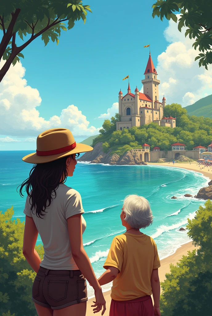 Make a woman named Larissa in Curitiba looking at a castle in front of the sea she is wearing a hat on her head and wearing a daddy outfit she is with her grandmother she is very happy