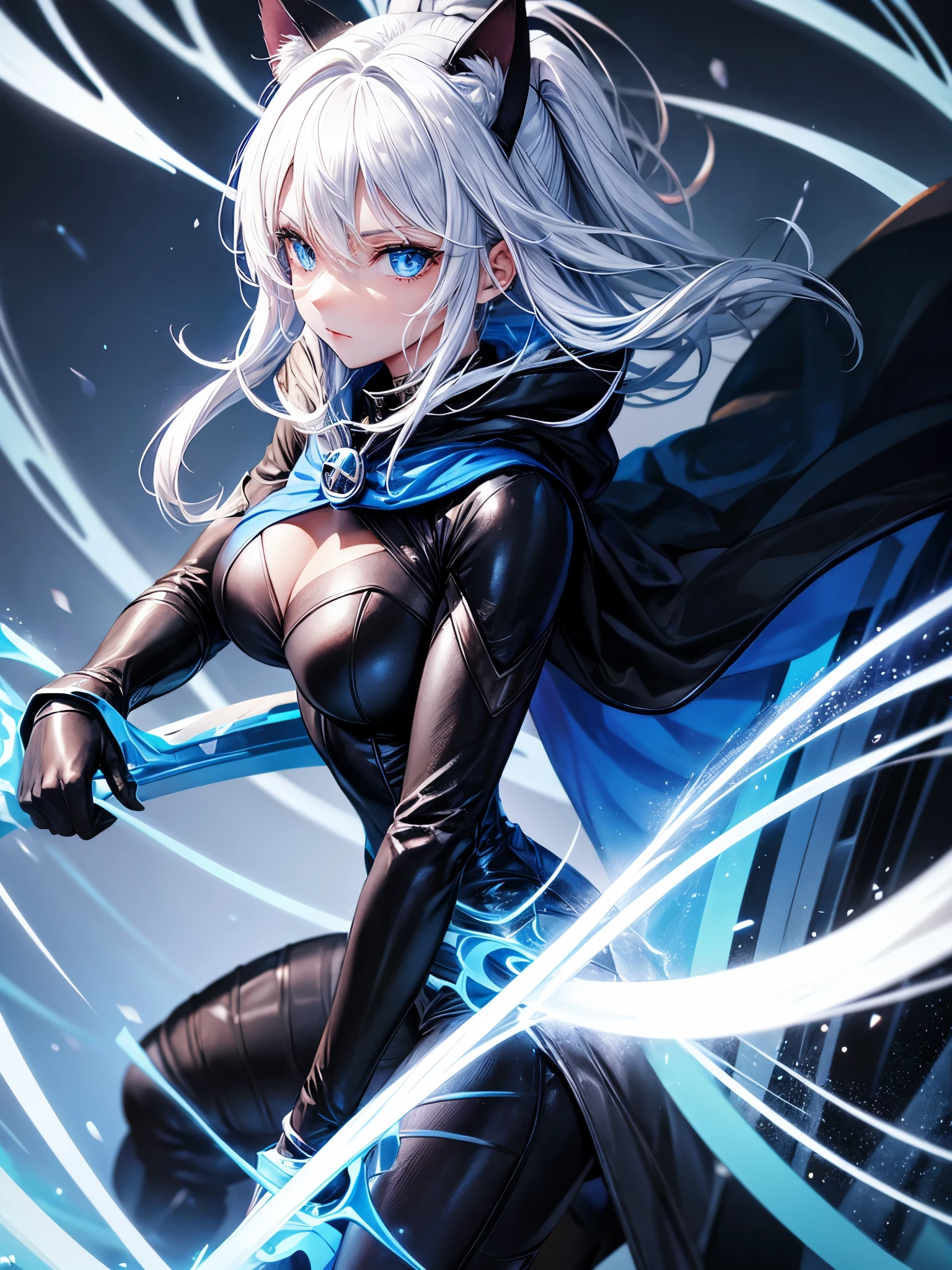 Hot girl, white hair, blue eyes, black superhero suit, blue glove, blue cape, cat ears