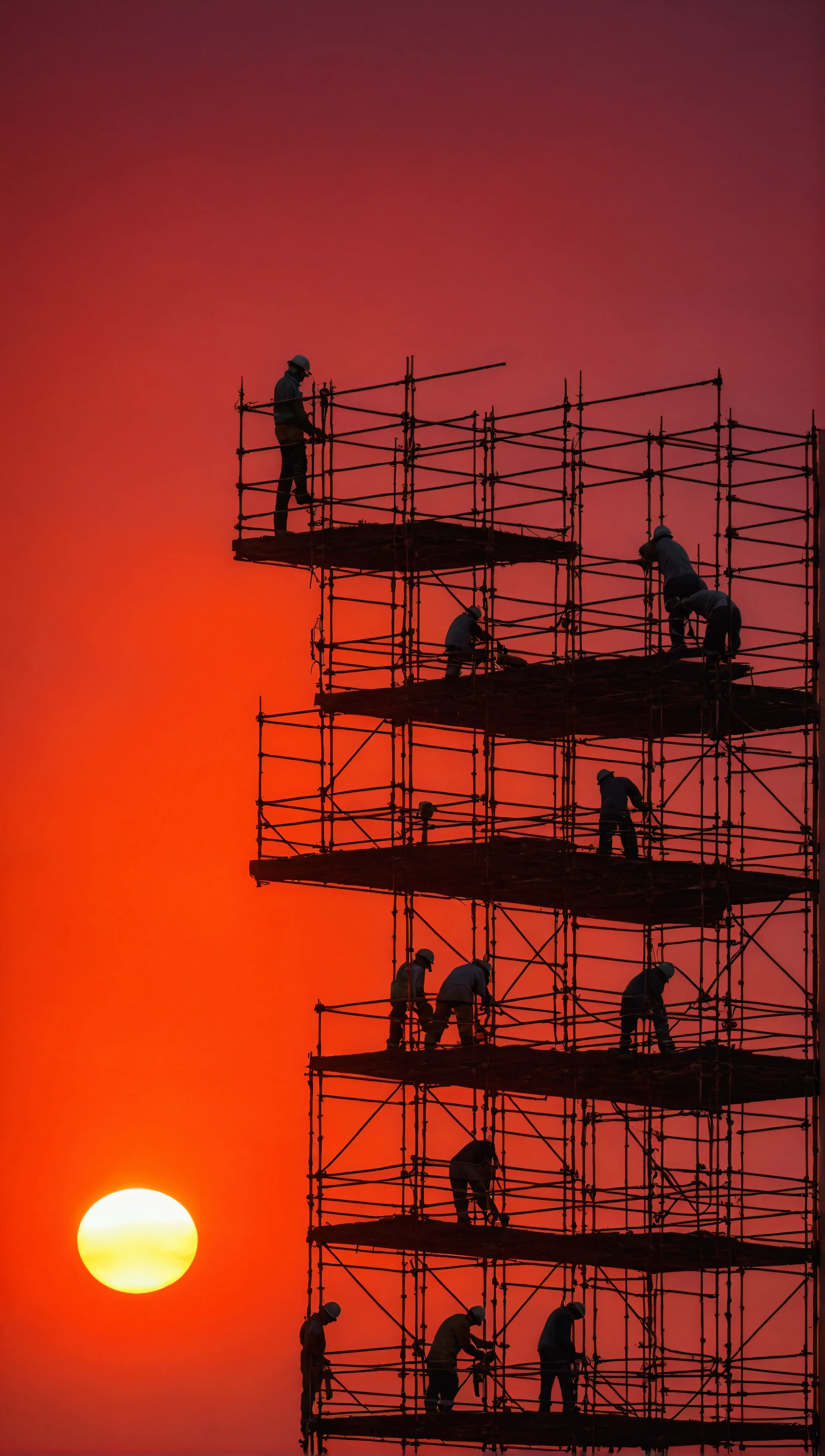 Scaffold workers working on the ground text to scaffold close in the red sunset.