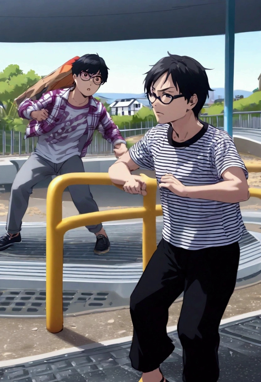 Combat Stance, shirt, black hair, Glasses, 1boy, male focus, outdoors, multiple boys, day, striped, pants, 2boys, parody, striped shirt,