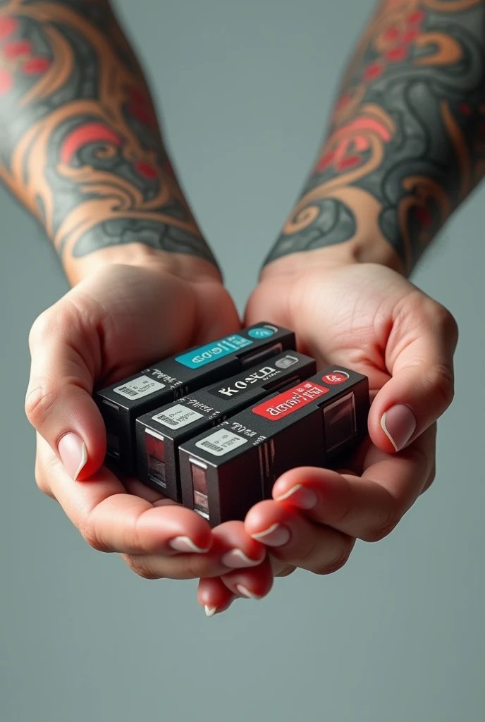 Hands showing real brand tattoo cartridges in 3D