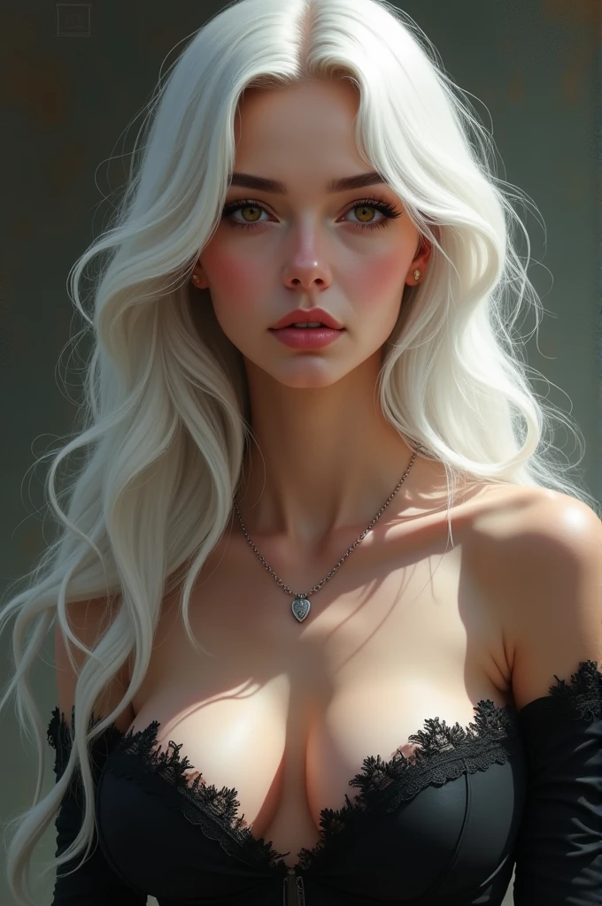 Long white hair woman, high nose, dumpling cheeks, Big eye, ngực to