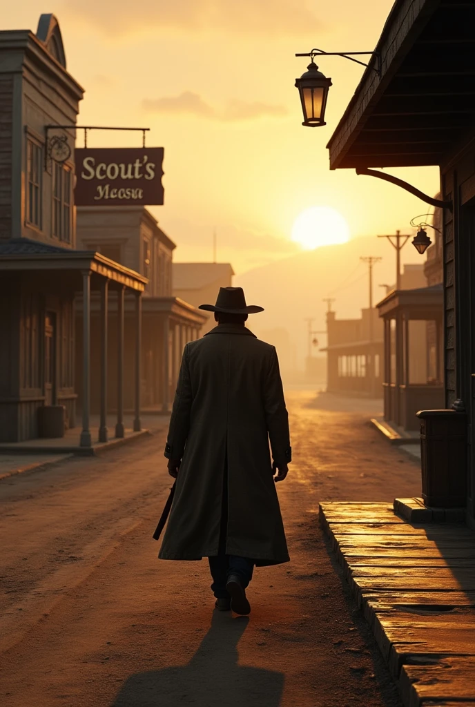 A cowboy without a gun walking through a town at dusk. He has on a long coat. The store he walks by has a sign that says, “The Whistler.” Another sign in the distance says “Scout’s Rest.” His back is shown.