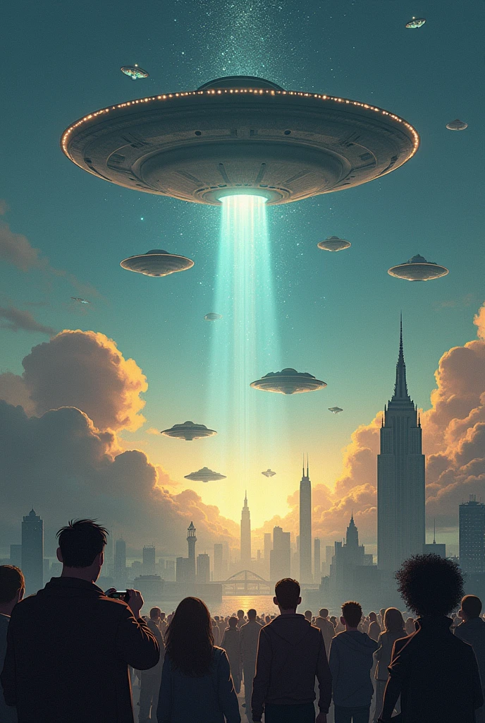 "Illustrate a highly detailed and dynamic scene showcasing the dramatic rise in extraterrestrial contacts over the past few years. The sky is filled with various types of UFOs, from classic saucers to more advanced and enigmatic spacecraft, hovering above different parts of the world. In the foreground, diverse groups of people—scientists, civilians, military personnel—are gathered, looking up in awe, fear, and curiosity. Some are recording the events with devices, while others are engaged in direct communication with the aliens through advanced technology. The aliens vary in appearance, representing different species: tall, luminous beings, small Greys with large eyes, and even more abstract, ethereal forms of life. The background shows iconic global landmarks, each subtly illuminated by the presence of these extraterrestrial visitors. The scene is filled with a sense of wonder, tension, and the undeniable reality of humanity's new place in a larger cosmic community. The lighting is a mix of eerie, otherworldly glows from the ships and a natural, dusk-like atmosphere, highlighting the blending of the ordinary with the extraordinary."