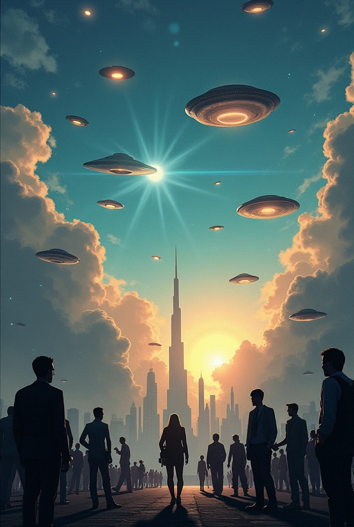 "Illustrate a highly detailed and dynamic scene showcasing the dramatic rise in extraterrestrial contacts over the past few years. The sky is filled with various types of UFOs, from classic saucers to more advanced and enigmatic spacecraft, hovering above different parts of the world. In the foreground, diverse groups of people—scientists, civilians, military personnel—are gathered, looking up in awe, fear, and curiosity. Some are recording the events with devices, while others are engaged in direct communication with the aliens through advanced technology. The aliens vary in appearance, representing different species: tall, luminous beings, small Greys with large eyes, and even more abstract, ethereal forms of life. The background shows iconic global landmarks, each subtly illuminated by the presence of these extraterrestrial visitors. The scene is filled with a sense of wonder, tension, and the undeniable reality of humanity's new place in a larger cosmic community. The lighting is a mix of eerie, otherworldly glows from the ships and a natural, dusk-like atmosphere, highlighting the blending of the ordinary with the extraordinary."