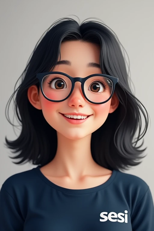 A white teenager, black eyes, small-nose, medium cheeks, small pink mouth, wear glasses, medium and black hair, cheerful features, with a dark blue blouse with sesi written on the left corner .