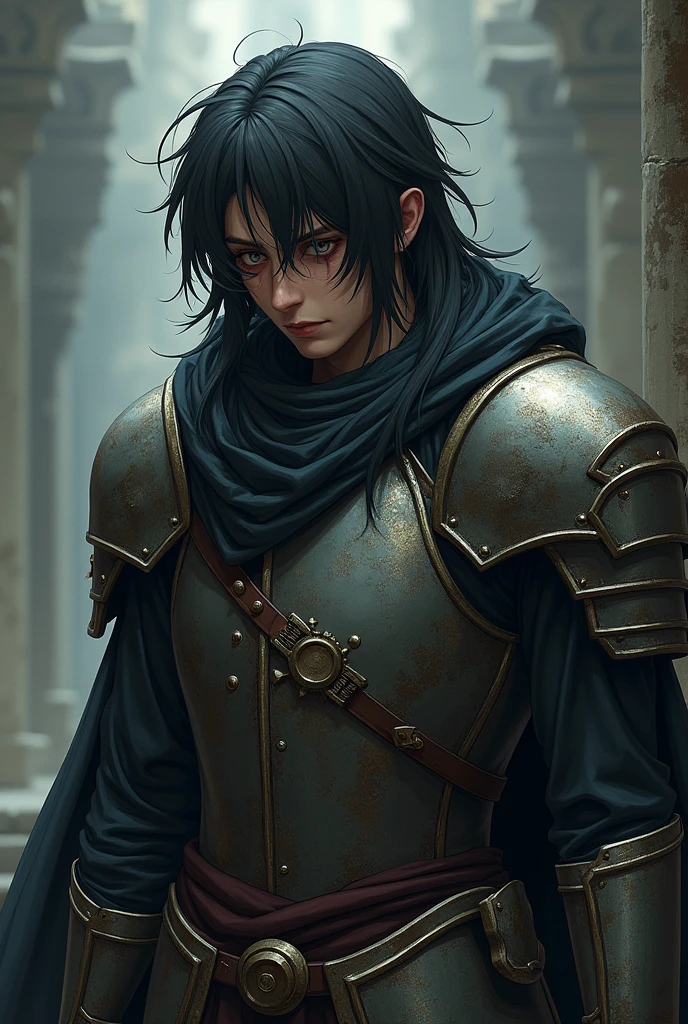 A young man with long anime-style hair and broken armor and a completely depressed face