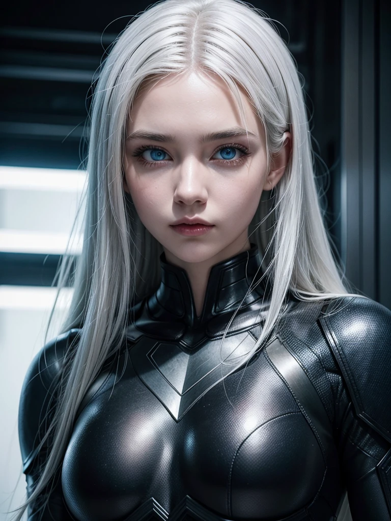 Hot girl, white hair, blue eyes, black superhero suit