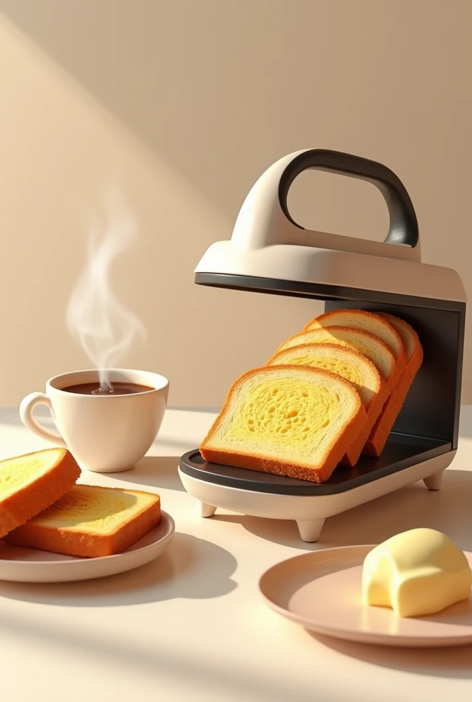 Generate an image of Hot sliced bread in a sandwich maker with cream cheese next to a cup of coffee with milk