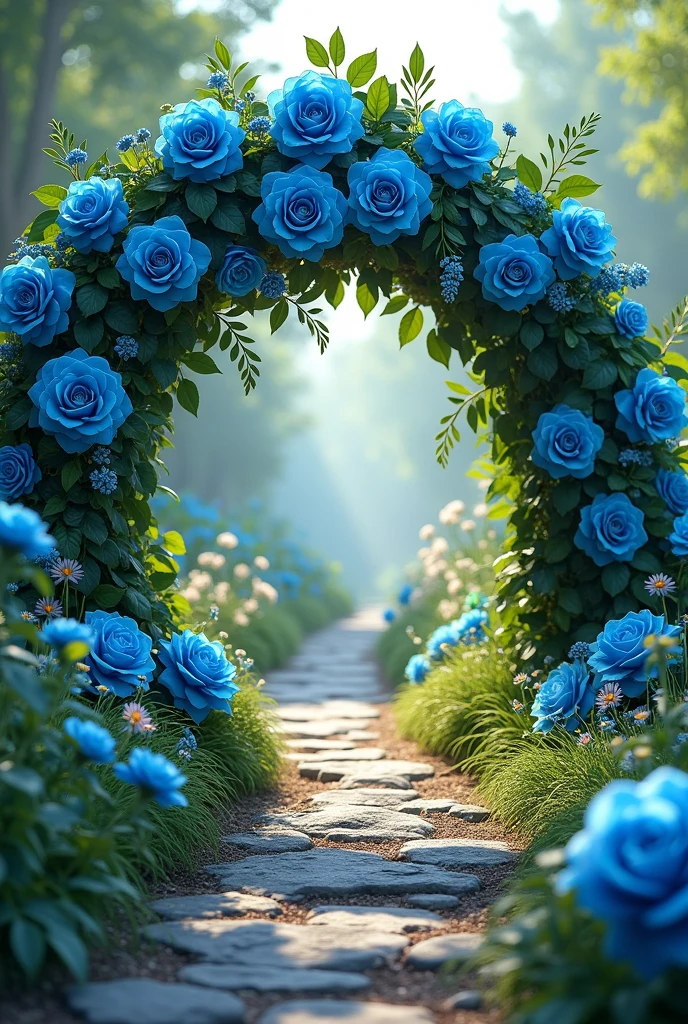 Rocky path trail under a blue rose arch tunnel