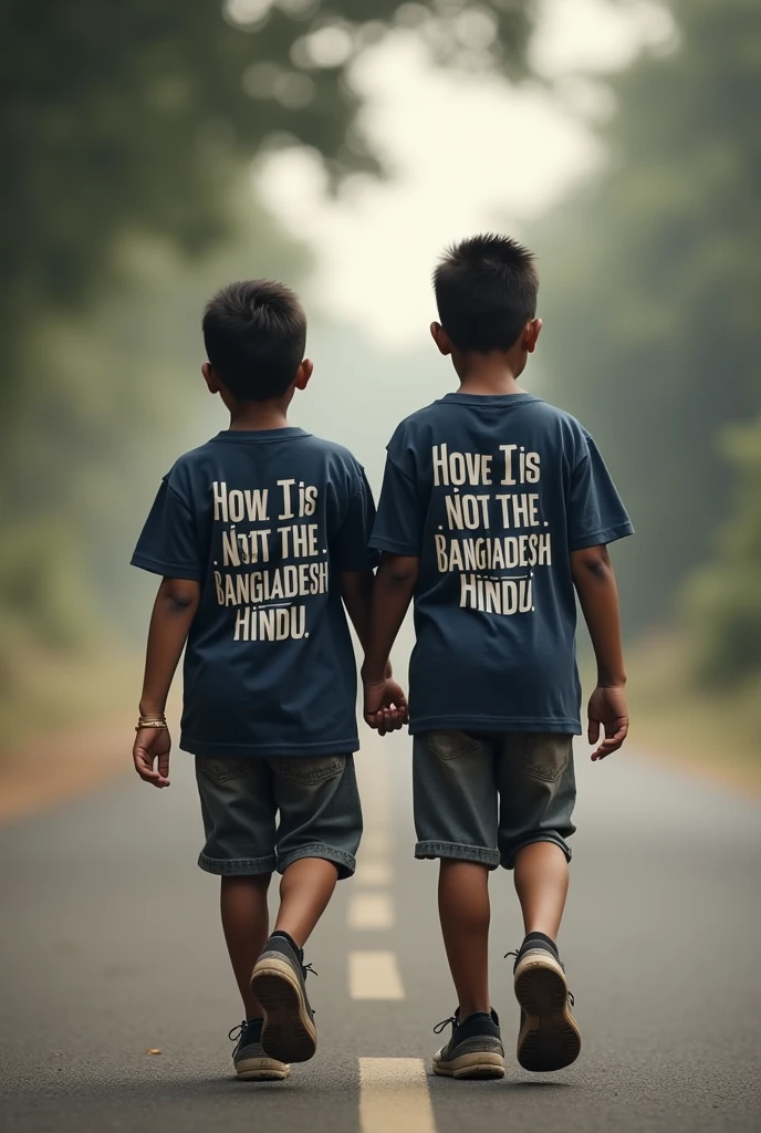 Save Bangladeshi Hindu write print t-shirt back side boys walking road with blur background 
