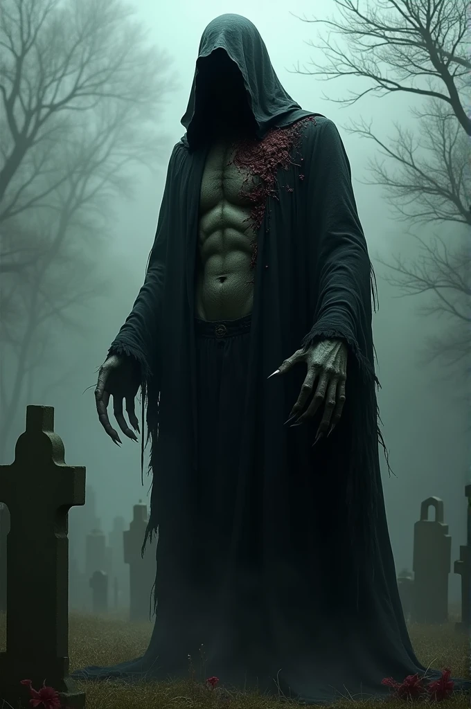 Man in black cloak living in cemetery,  He is tall , his body is half left and some parts with rotten flesh, your long fingers look like claws 