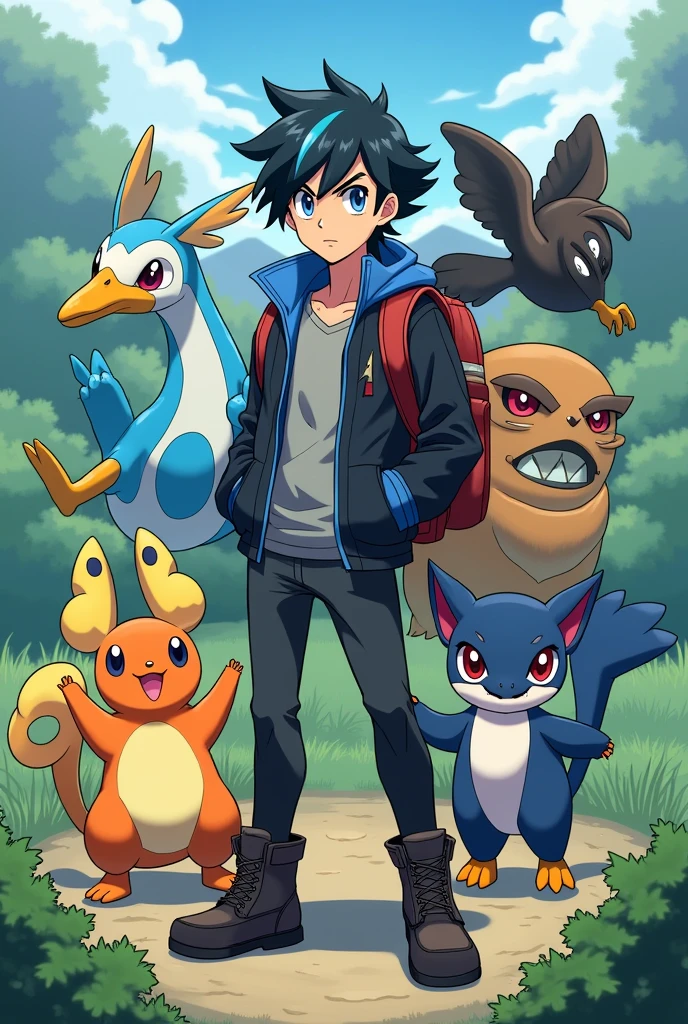 Kai is a young man of average height, with an athletic build. He has black and messy hair, with some dark blue highlights falling over his forehead. His eyes are amber, which gives him an intense and determined look. He wears a black leather jacket with blue details., a grey t-shirt underneath, dark pants and sturdy boots. Always carry a travel backpack on your back and fingerless gloves.  Around him we can find his Pokémon partners: Ampharos, Gyarados, Lucario, Togekiss, Crobat y Garchomp. Pokémon Anime style 