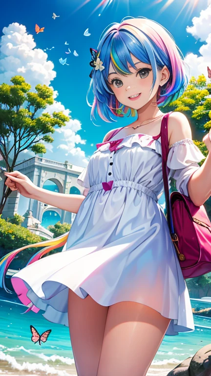 cute women with rainbow hair, multicolored butterflies, water, colorful blossoms