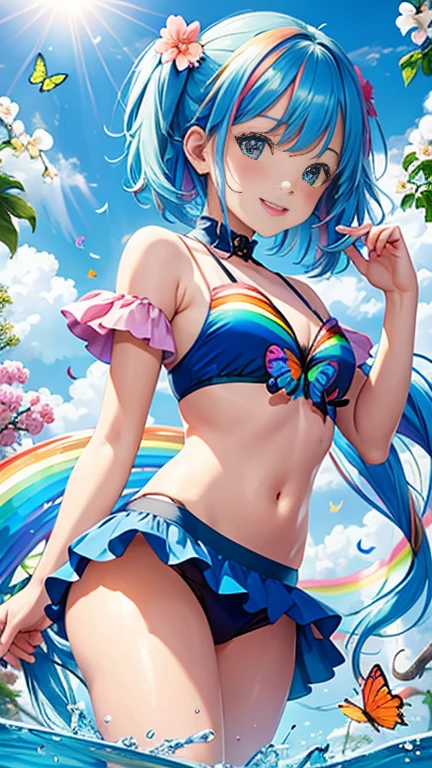 cute women with rainbow hair, multicolored butterflies, water, colorful blossoms