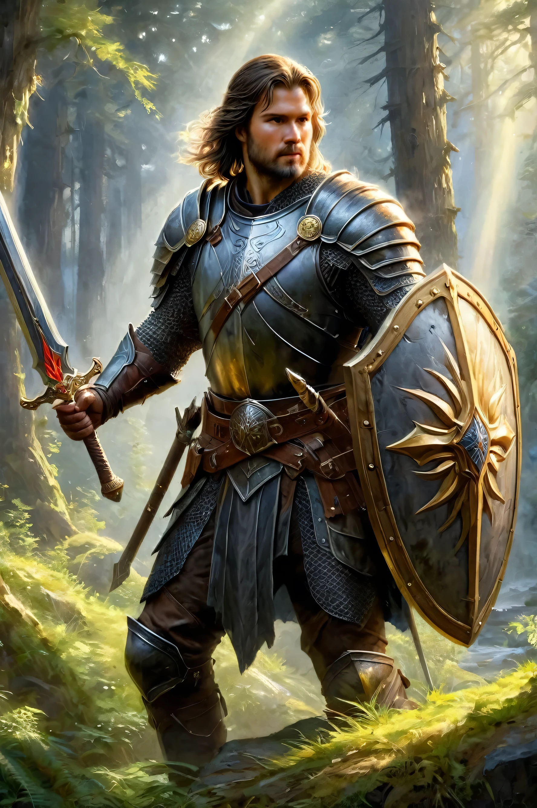 Mark Keathley style by John Martin and Duy Huynhin, personality, Sword and shield watercolor  