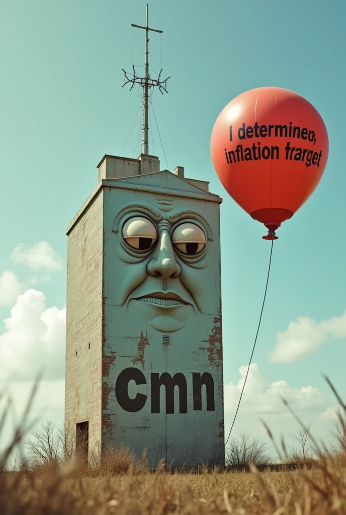 Create a building. this building has eyes (as a person). Written below his eyes is the word "cmn". Next to the building, has a balloon with visible text in it (exactly and without translation) with the following sentence : "I determine the inflation target".