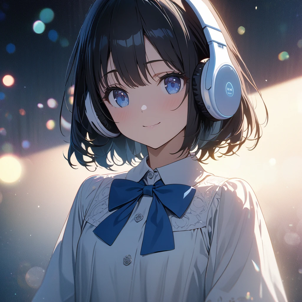 ((ultra-detailed))/one women, short black hair and bob hair.、beautiful blue eyes,.、smile、gentle smile on her face、flat chest, one Beautiful girl,((masterpiece, illustration, best quality) ((ultra-detailed))/solid white background,blank background, while wearing wireless white headphones, full upper body, white dress shirt, blue bowtie, no cut outs 濃い青とBeautiful Blueのグラデーション, High resolution, 8K HD detail, hyper-detail, cinematic, surrealism, soft light, deep field focus bokeh, ray tracing and surrealism. --v6