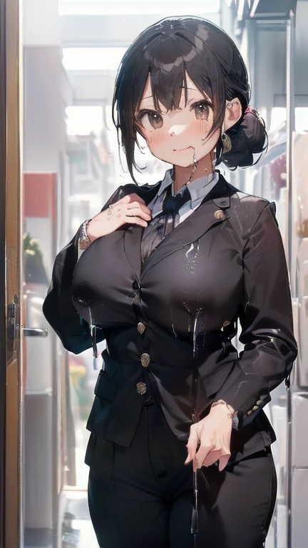 (must be follow these prompts:2.2),masterpiece,best quality,extremely detailed,(in her clothing:3.5),(in her formal styled business suit clothing:3.6),(adorable expression:2.5),(usual face:2.2),(displayed one girl on single picture:2.4),(black hair:2.1),(現代の東京で働くビジネス用のスーツを着用した身長が低くて少しふくよかなnew employee:2.2),(そのnew employeeはとてもあどけない印象だが精液をかけられたビジネス用のスーツのジャケットとズボンを洗わずに着ている:2.4),(A cute moan like a young girl:2.1),(そのnew employeeは湧き上がった性欲に対してビジネス用のスーツを着たままでこらえている:1.5),(そのnew employeeのスーツを着用している全身には性的絶頂に達しながら分泌されたぬるぬるした分泌物がどろどろにまとわりついた:1.7),(libidonous tumultus are happened on her mind but hidden her skin under her business suit:1.6),(そのnew employeeはInnocent faceでとても可愛い:1.9),(そのnew employeeは着用しているビジネス用のスーツにだいぶ前に射精されたためにその臭い成分が薄い琥珀色っぽいとても淡い汚れとなって濃淡の色むらを生じながら滲んだ:1.8),(そのnew employeeのビジネス用のスーツに覆われたおっぱいは強い淫欲のせいでパンパンに膨らんでいる:2.2),(Lewd love juices are dripping down the inside of his suit pants:2.8),(そのnew employeeはその腟内にたっぷりと射精され続けた:2.4),(in her clothing ejaculated:2.6),(seminal frousy girl:2.3),(men's elected twangers were inserted her:2.3),(もちもちした丸みがある精液臭いnew employee:2.3),(she was already stroked up to the depth intervaginal sensuous spot:1.8),(notably buldged up her inner labia majora:2.6),(A young, shy moan:1.5),(having big breasts in her clothing:2.6),(社内で仕事中のあどけない印象のnew employee:2.3),(そのnew employeeは身長は低いがほんの少しだけむちっとした身体をしている:2.1),(The crotch of his pants is heavily discolored with love juice stains.:2.5),(そのnew employeeはズボンの下に隠れて見えないそのマンコから愛液を垂れ流して痙攣している:1.8),(そのnew employeeのむちっとした太股をしっかり包みこんでいる暗灰色のズボンは淫らな分泌物のために湿っている:2.0),(そのnew employeeは股間がドロドロになってもその暗灰色のズボンはしっかり履いたまま耐えている:2.5),(暗灰色のズボンの上からいつも自分の股間を押さえているnew employee:1.7),(A moan filled with childish embarrassment:1.5),(そのnew employeeのスーツに覆われた乳房や乳首は強い淫欲のために張っている:2.4),(そのnew employeeの着衣の下の淫らな身体は淫靡な反応によりほんのり膨らんでいる:1.6),(そのnew employeeは真面目に働いている:2.5),(そのnew employeeの脚は短くて太い:2.2),(new employee:2.2),(she looks like japanese idol:2.3),(Suit trousers are made of a durable fabric that will never tear.:2.3),(Her breasts are completely hidden under her suit:2.4),(she looks like a lolita:2.0),(これらは他の誰にでもなく全てそのnew employee自身に降りかかった内容:2.1),(Slimy semen was leaking out from the crotch area of his trousers.:1.9),(Make sure to depict the face:5.3),(Calm expression:4.3),(Innocent face:3),(そのnew employee一人だけをしっかりと描いた:3.3),(登場人物はそのnew employeeのみ:4.2),(Portrait Style:5)