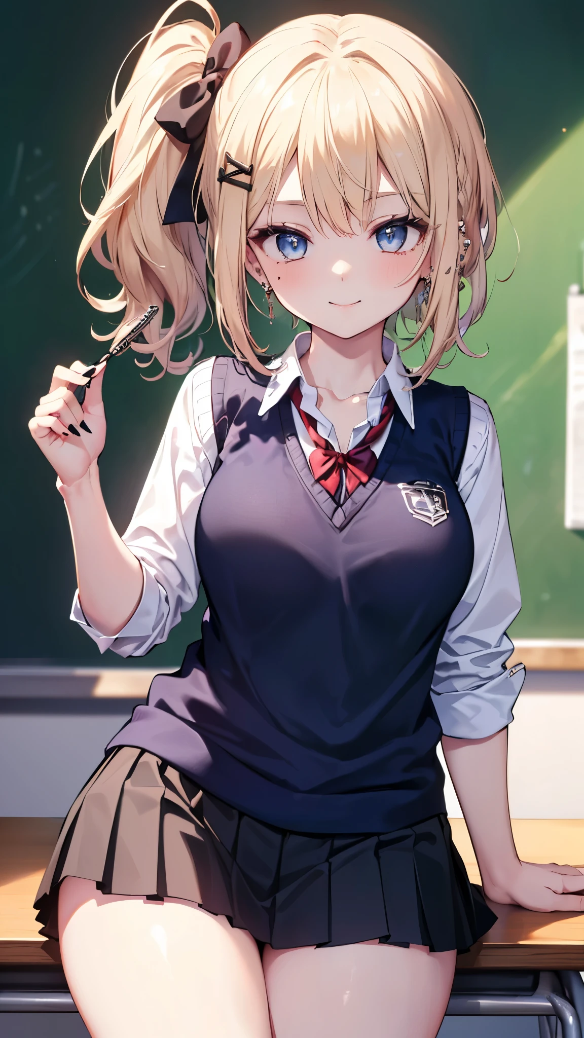 ((masterpiece、Highest quality、Very detailed))、One girl、gyaru、Blonde、side ponytail、Blue eyes、evil smile、((lots of piercing))、Moderate breasts、((White collared shirt))、((Navy blue sweater vest))、((Black pleated skirt))、((micro miniskirt))、Thick thighs、Cowboy Shot、Classroom Background