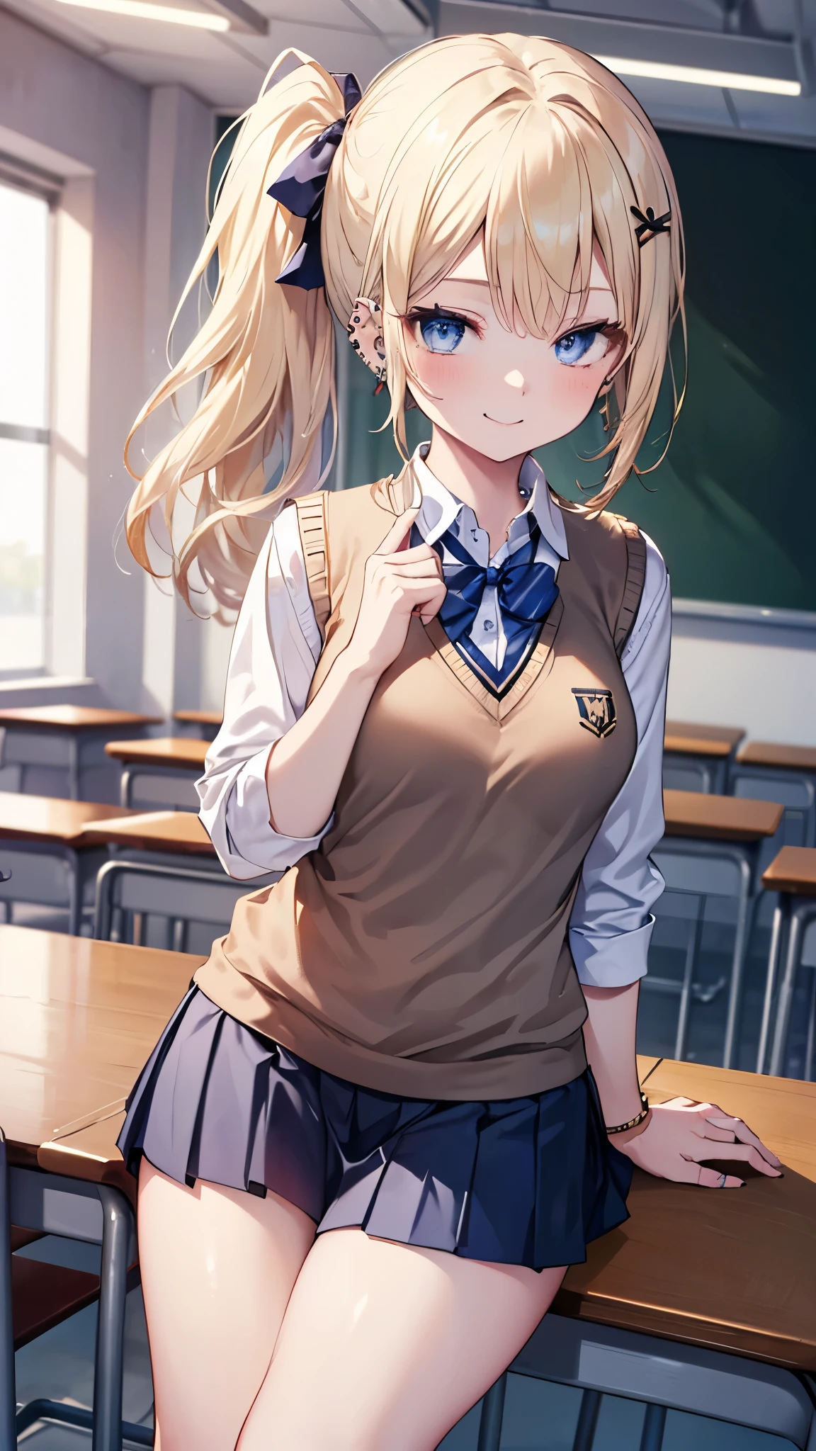 ((masterpiece、Highest quality、Very detailed))、One girl、gyaru、Blonde、side ponytail、Blue eyes、evil smile、((lots of piercing))、Moderate breasts、((White collared shirt))、((Navy blue sweater vest))、((Black pleated skirt))、((micro miniskirt))、Thick thighs、Cowboy Shot、Classroom Background