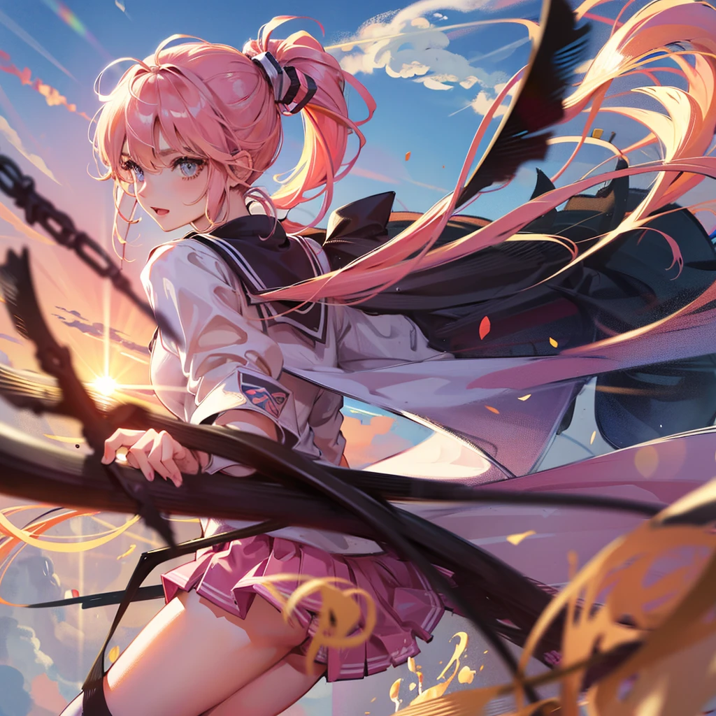 HD, 4K, A girl with PINK ponytail, school uniform, European style castle, cloud