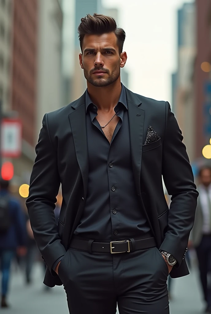 Um homem bonito e forte, with stylish hair, SOCIAL CLOTHES,