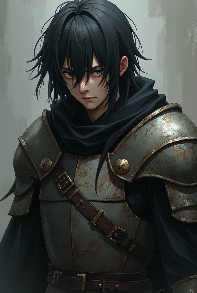A 23 year old male with black eyes with long hair and a scar that runs across his cheek and down to his eye in an anime style with broken armor and a completely sad face., but with a look of determination.