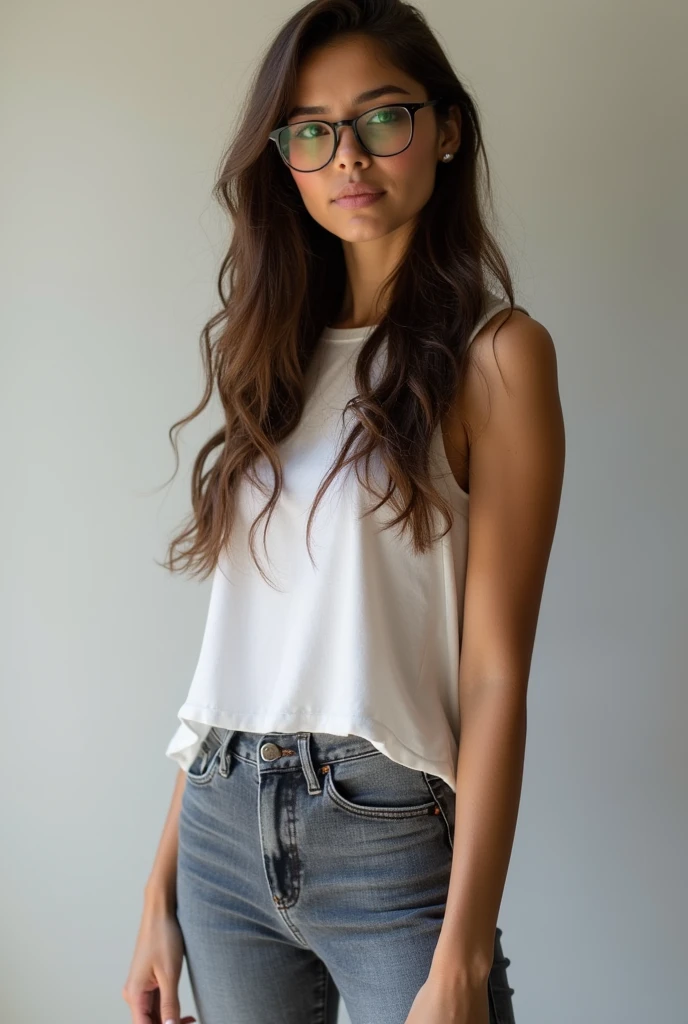 Young woman, grey jeans, brunette, glasses 