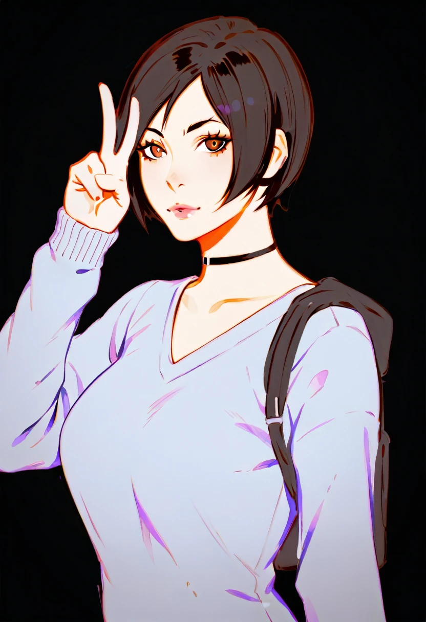 score_9, score_7_up 1girl, solo, ada wong, sweater, portrait, black background, large breasts, v, looking at viewer