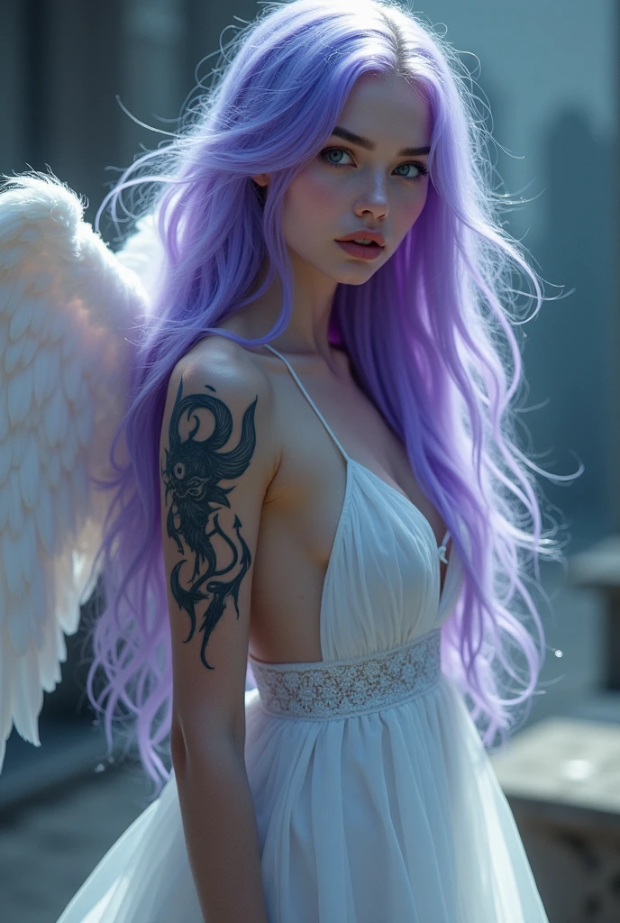 An angel woman, purple hair, white dress and a devil tattoo on her arm