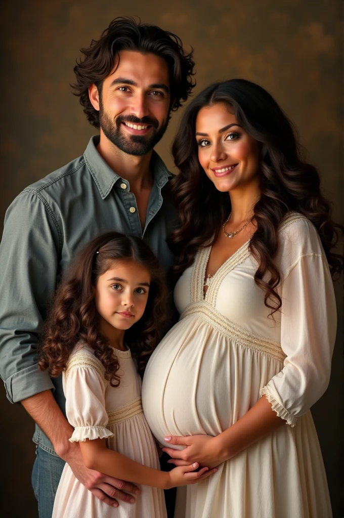 Family picture of Mattheo Riddle (looks exactly like Benjamin Wandsworth), his wife (long brown curled hair, green eyes, beautiful lashes, pregnant, beautiful wedding and engagement ring) and two daughters 3 years and 6 years ( each one also dark curls, green brown eyes)