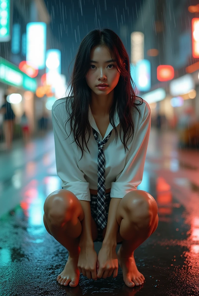 (Highest quality、8k、High resolution、masterpiece:1.ung and beautiful woman、(Correct Anatomy)、(Spread your legs and show your crotch)、(Squat)、(Excited expression)、(White shirt、A bow tie、tartan mini skirt、White panties:1.3)、(heavy rain:1.7)、(Motion Blur Effect:1.55)、(Wet body:1.55)、Busy street at night、neon、(Looking into the camera)、
