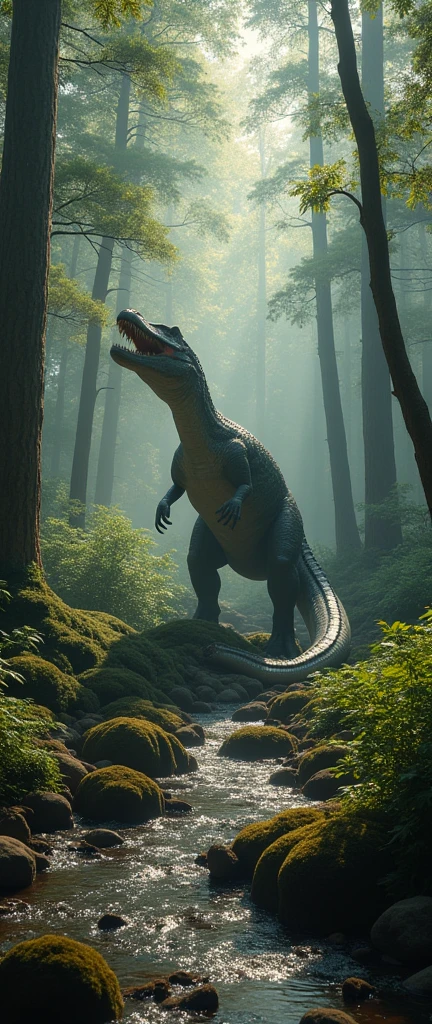 create a realistic image of a large forest, in it there will be a Utahraptor being attacked by a gigantic anaconda