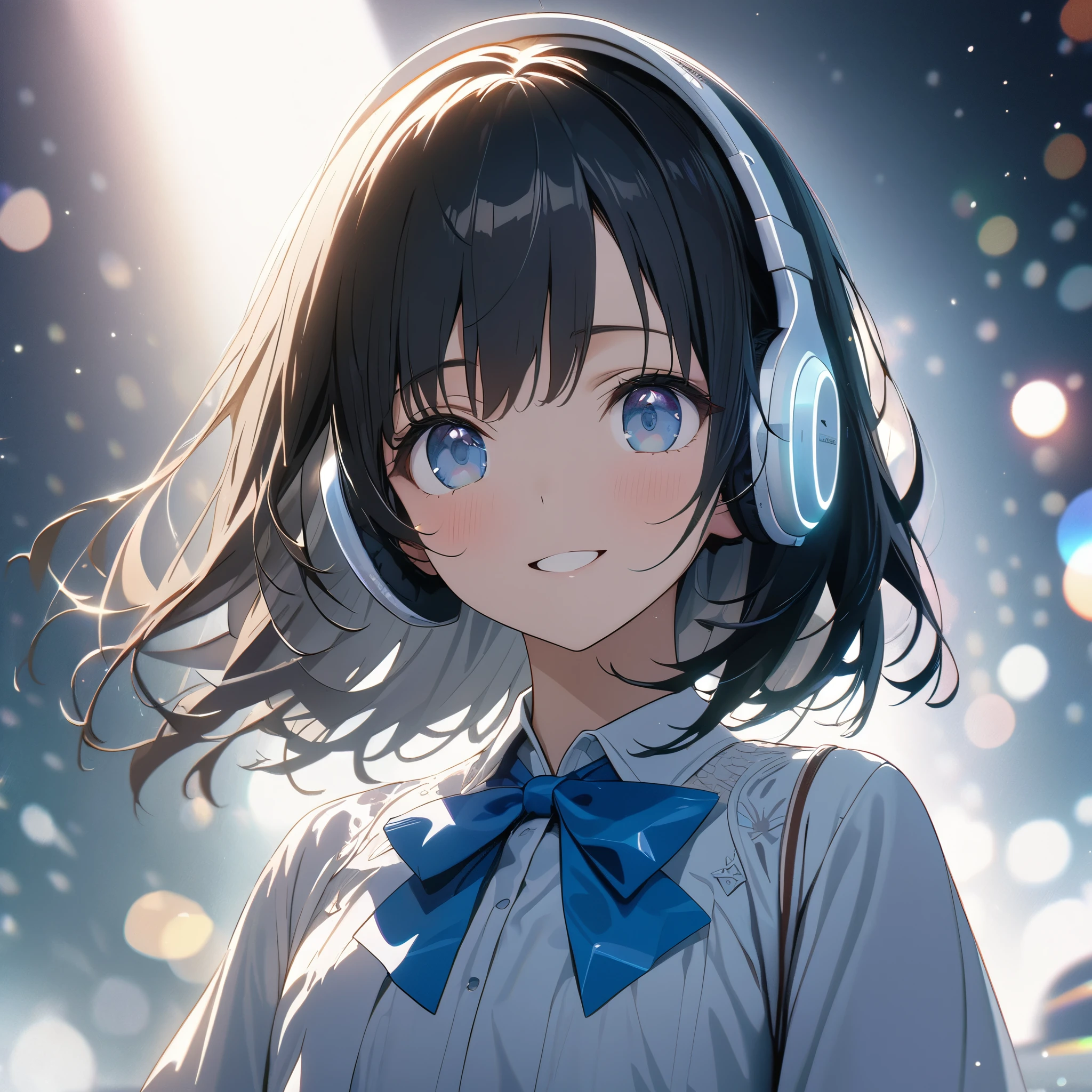 ((ultra-detailed))/one women, short black hair and bob hair.、beautiful blue eyes,.、smile、gentle smile on her face、flat chest, one Beautiful girl,((masterpiece, illustration, best quality) ((ultra-detailed))/solid white background,blank background, while wearing wireless white headphones, full upper body, white dress shirt, blue bowtie, no cut outs 濃い青とBeautiful Blueのグラデーション, High resolution, 8K HD detail, hyper-detail, cinematic, surrealism, soft light, deep field focus bokeh, ray tracing and surrealism. --v6