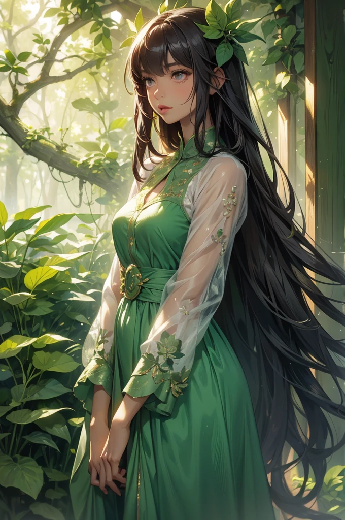 Forest nymph A woman with flowing, leaf-like hair, surrounded by a lush, green forest, her presence embodying the spirit of nature.