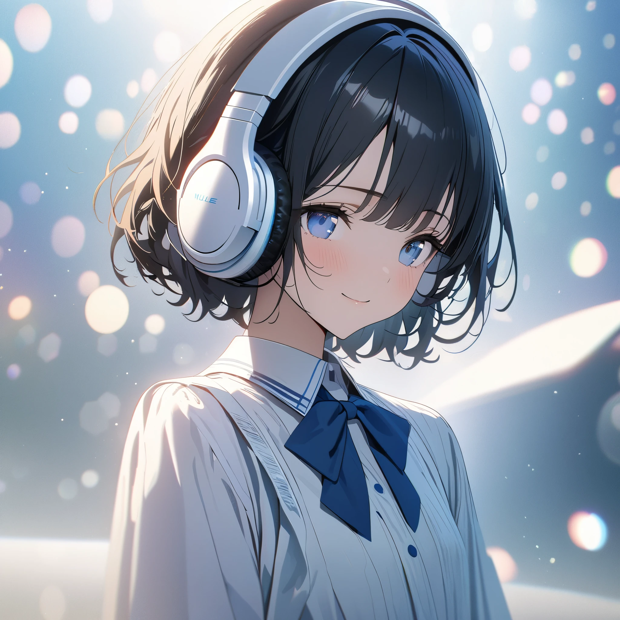 ((ultra-detailed))/one women, short black hair and bob hair.、beautiful blue eyes,.、smile、gentle smile on her face、flat chest, one Beautiful girl,((masterpiece, illustration, best quality) ((ultra-detailed))/solid white background,blank background, while wearing wireless white headphones, full upper body, white dress shirt, blue bowtie, no cut outs 濃い青とBeautiful Blueのグラデーション, High resolution, 8K HD detail, hyper-detail, cinematic, surrealism, soft light, deep field focus bokeh, ray tracing and surrealism. --v6