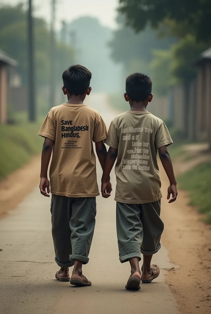 Save Bangladeshi Hindu write print t-shirt back side single boys walking road with blur background