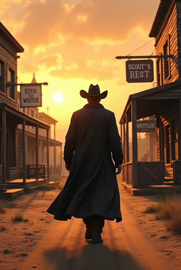 A cowboy without a gun walking through a town at dusk. He has on a long coat. The store he walks by has a sign that says, “The Whistler.” Another sign in the distance says “Scout’s Rest.” His back is shown.