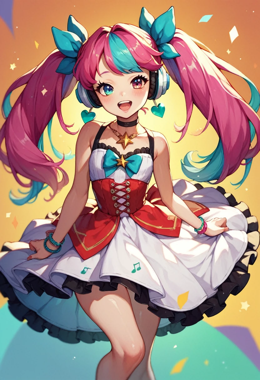 Ollie
multicolored hair
multicolored eyes
zombie_skin
traditional dress
twintails a DJ, showcasing her skills on the turntables