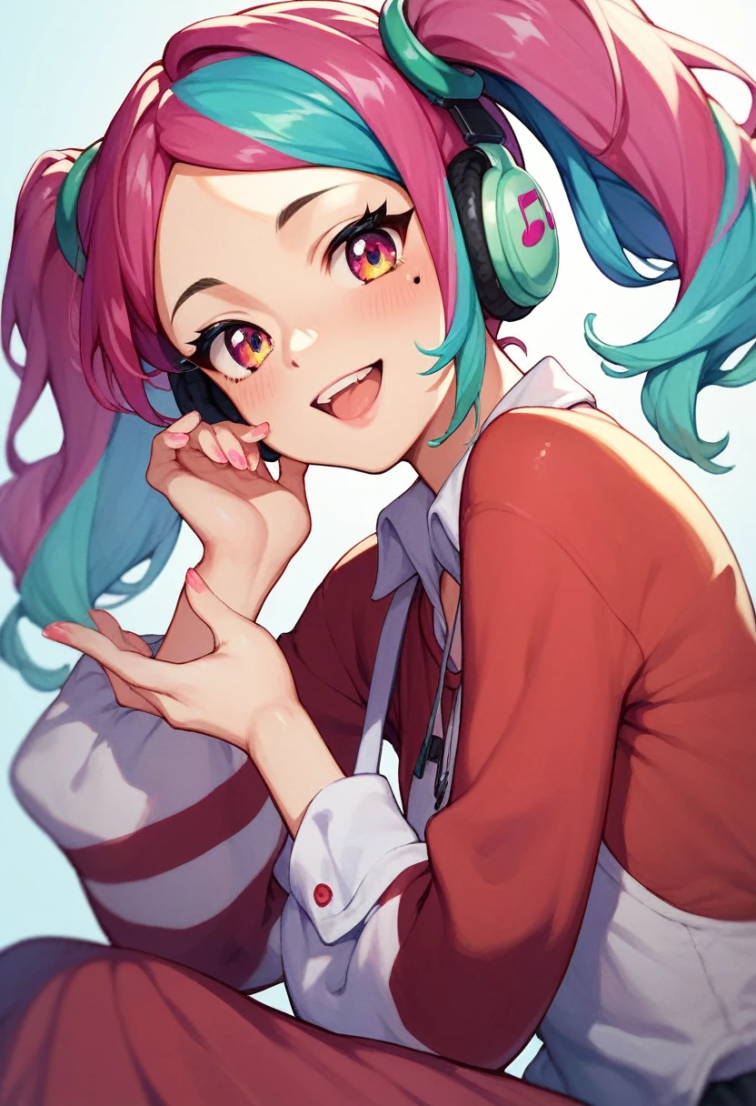 Ollie
multicolored hair
multicolored eyes
zombie_skin
traditional dress
twintails a DJ, showcasing her skills on the turntables